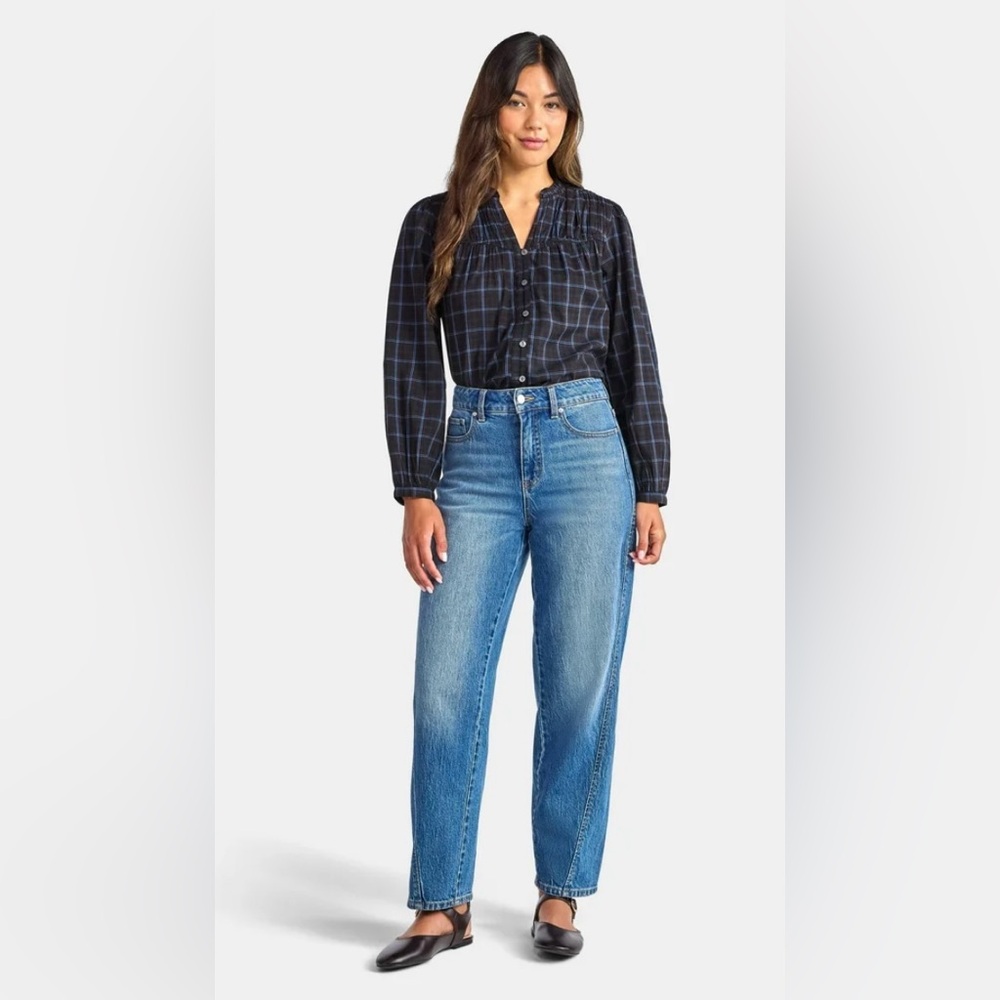 NWT Time and Tru Black Plaid Button-Front Shirt with Blue Windowpane